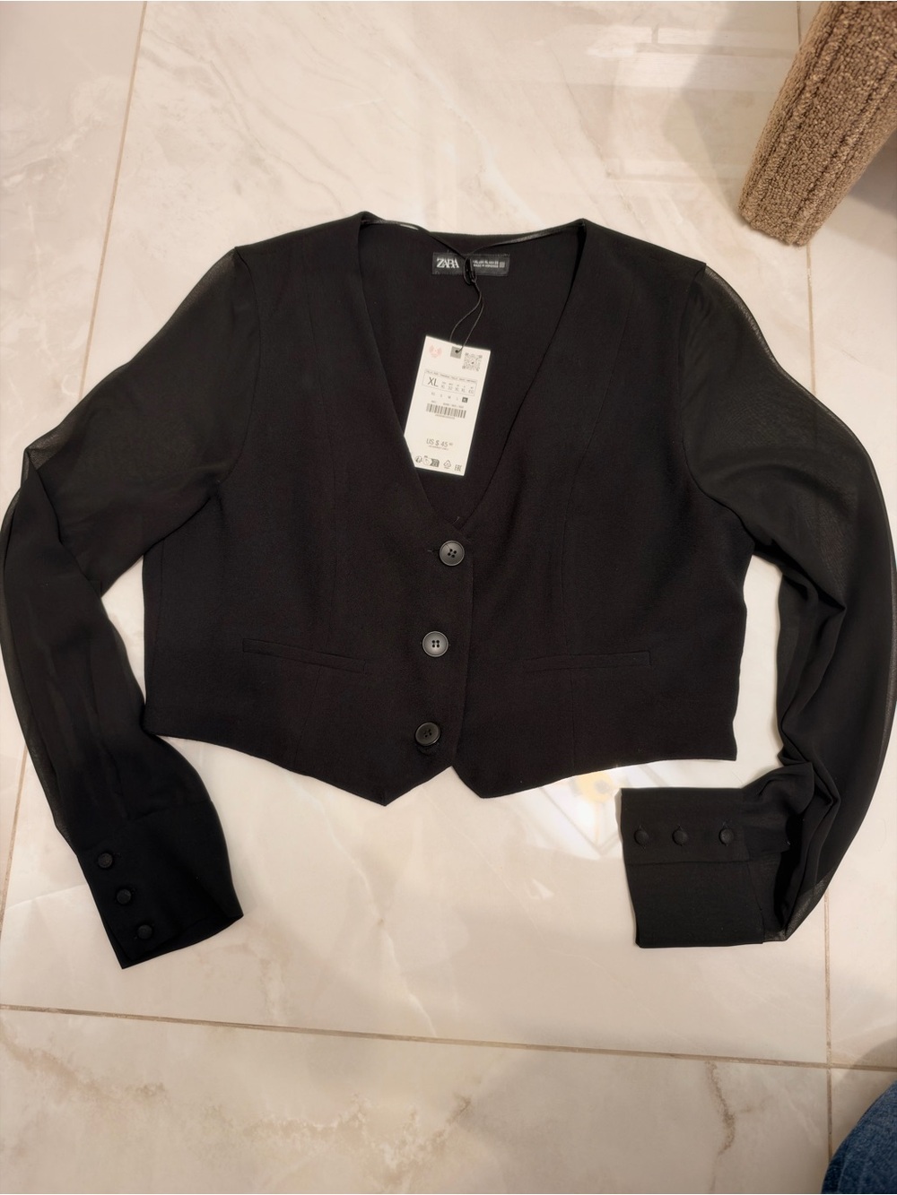 Zara Black V-Neck button down blouse with chiffon sleeves